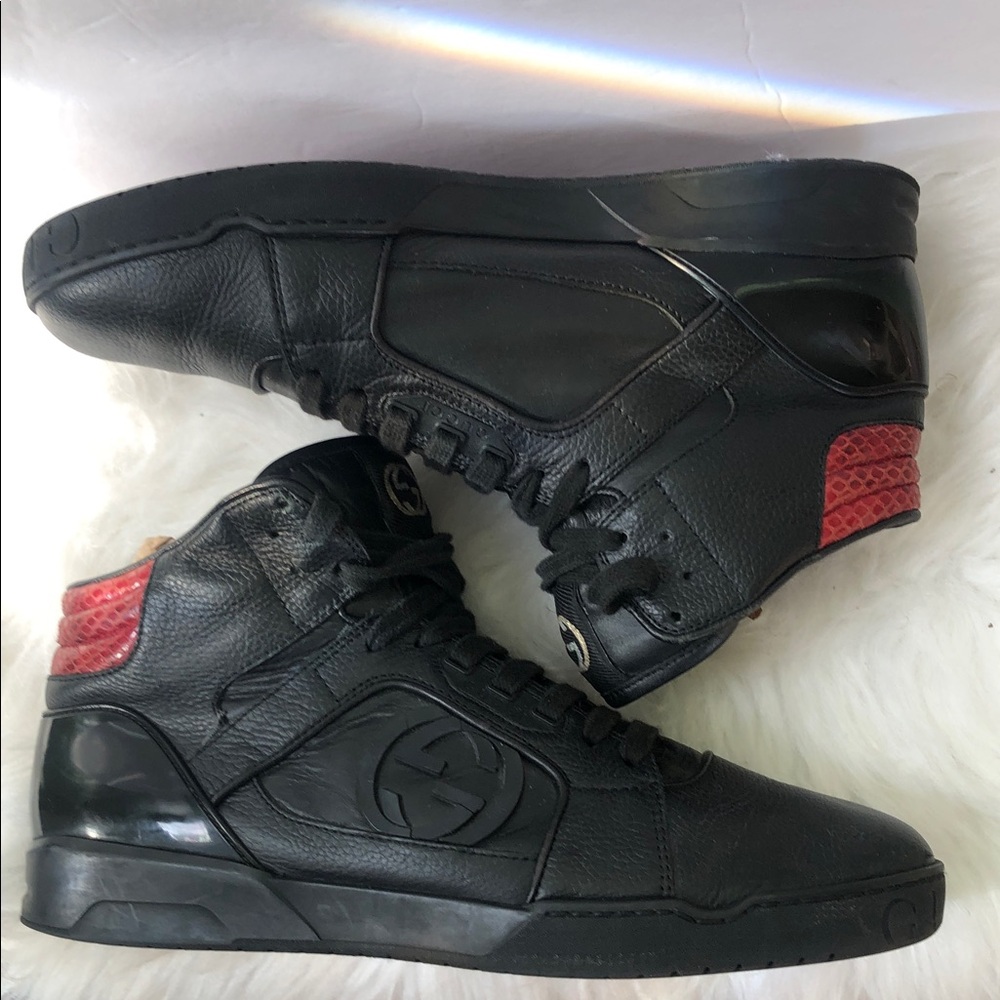 Gucci Men's Black Leather Sneakers Size 6.5 Black High Lace Up Sneakers w/COA - Picture 6 of 10